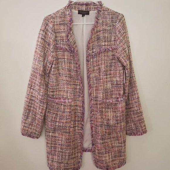 Womens Jacket Laundry Shelli Segal Tunic Pink Multi Knit Fringe Hem Size Medium - Picture 6 of 15